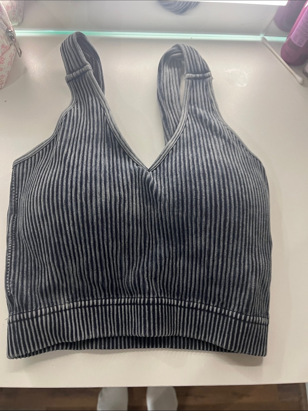 NaNa Ribbed V-Neck Crop Top in Charcoal Gray